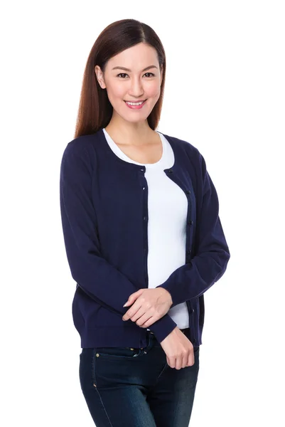 Asian young woman in blue cardigan — Stock Photo, Image