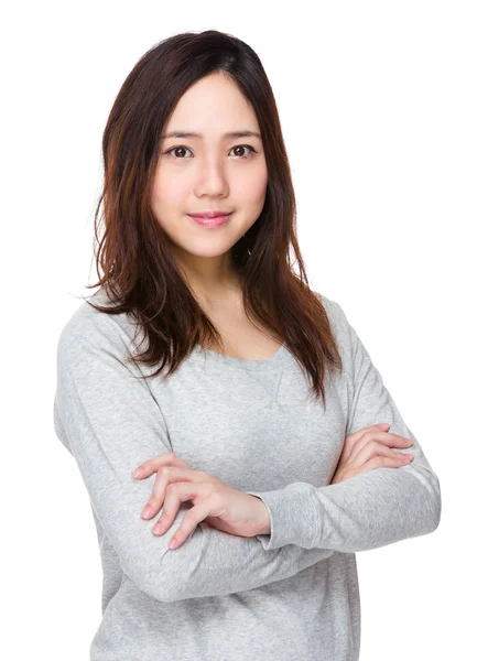 Young asian woman in grey sweater — Stock Photo, Image