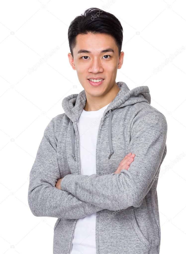 Asian handsome man in grey hoodie