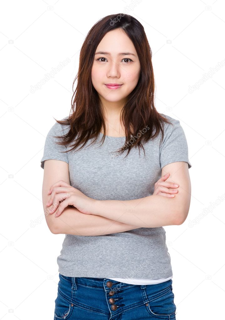 Young asian woman in grey t-shirt