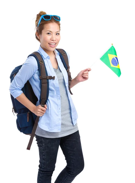 Asian woman holding a brazil flag — Stockfoto