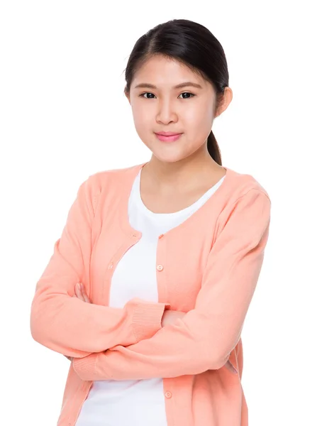 Asiática jovem mulher em cardigan rosa — Fotografia de Stock