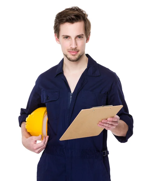 Construction site worker with protective hat — Stock Photo, Image