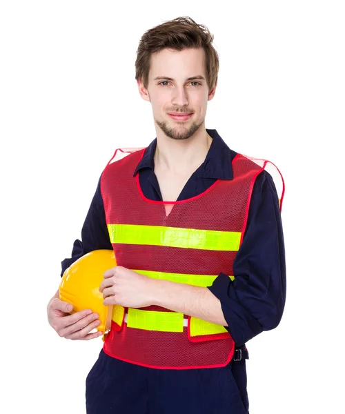 Inženýr, drží ochranná helma — Stock fotografie