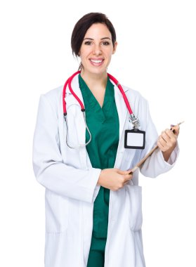 brunette woman doctor in white coat