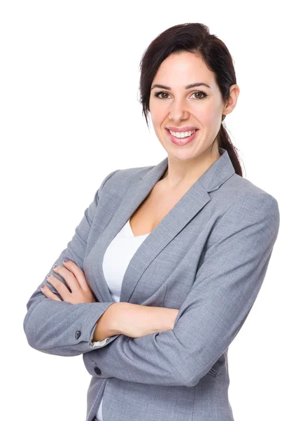 Schöne brünette Geschäftsfrau im Business-Anzug — Stockfoto