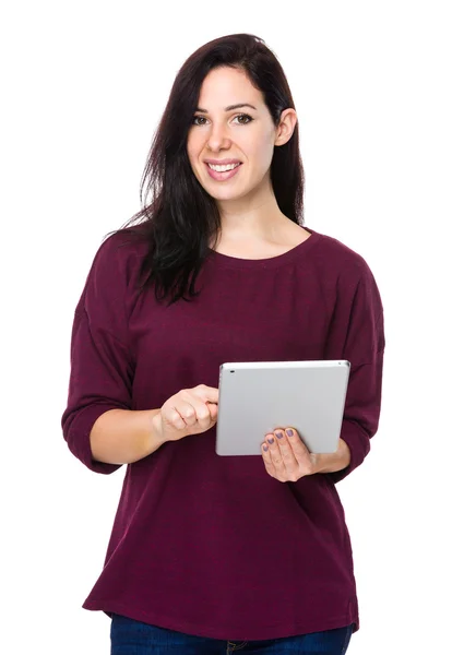 Beautiful brunette woman in red sweater — Stockfoto