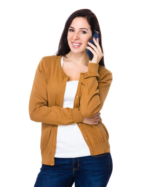 Beautiful brunette woman in brown cardigan — Stok fotoğraf