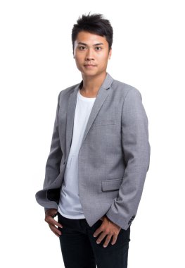Asya yakışıklı işadamı gri ceketli