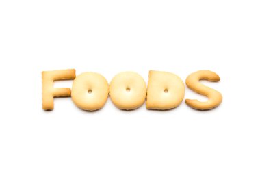 Word foods biscuit isolated on white