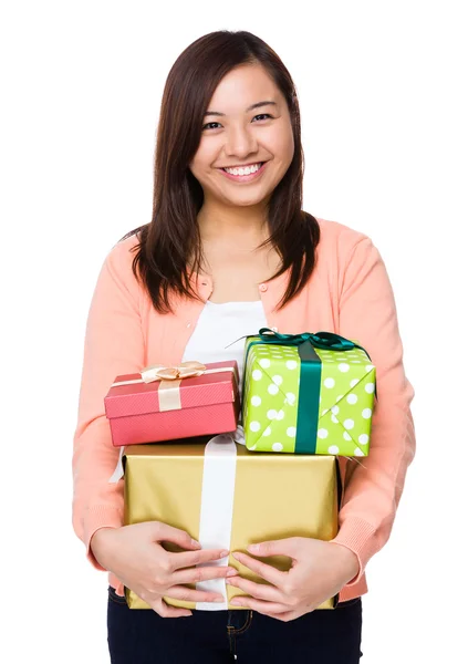 Asian woman holding with present boxes — Stock Photo, Image
