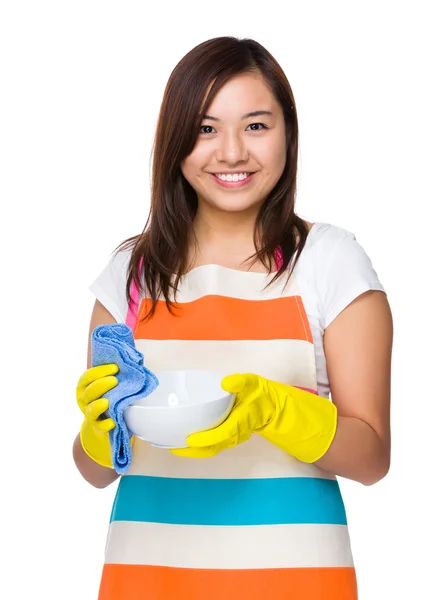 Asian housewife cleaning  the bowl — Stock Photo, Image