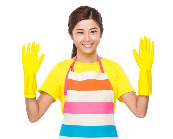 Young asian Housewife  with plastic gloves — Stock Photo, Image