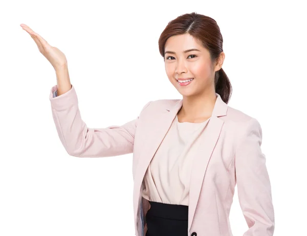 Young Businesswoman with open hand palm — Stock Photo, Image