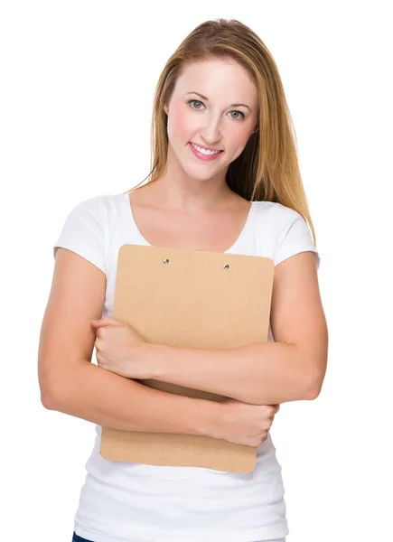 Woman  with clipboard on white — Stock Photo, Image