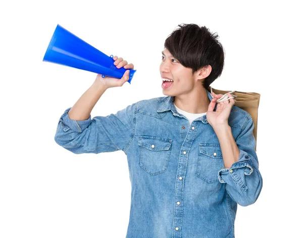 Asian man using megaphone — Stock Photo, Image