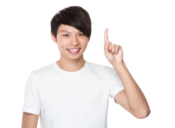 Young university student finger pointing up for selling something — Stockfoto