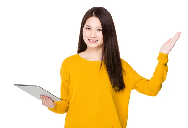 Asian woman using the tablet and open hand palm — Stock Photo, Image