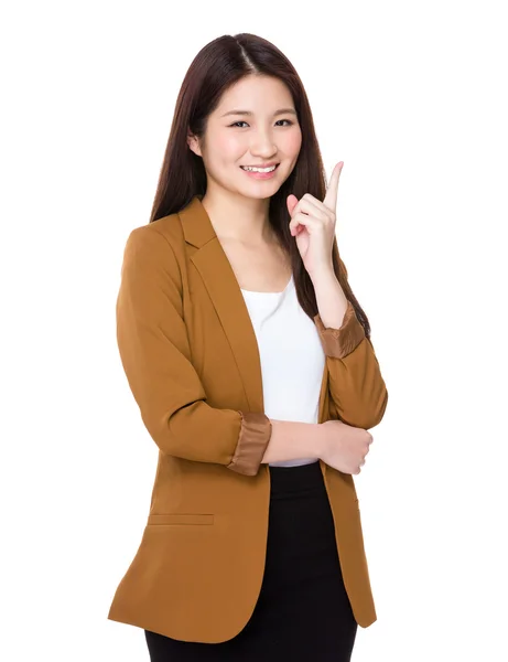 Young businesswoman think of the idea with one finger up — 图库照片