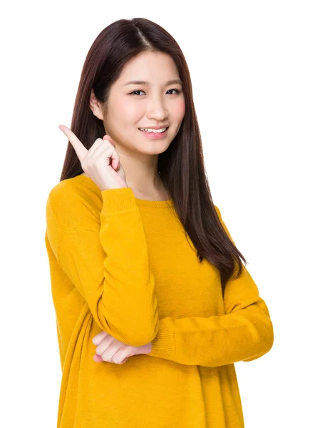 Woman got a new idea with one finger up — 스톡 사진