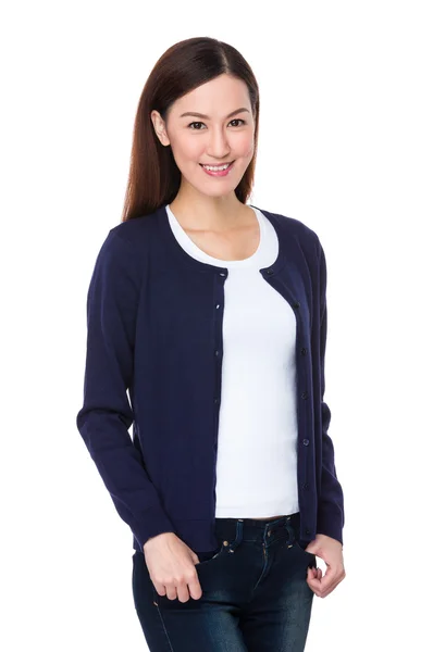 Asian young woman in blue cardigan — Stock Photo, Image