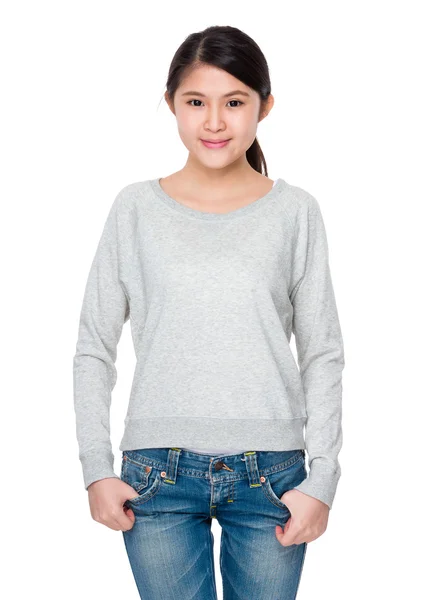 Asian young woman in grey sweater — Stock Photo, Image