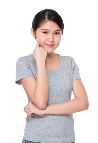 Asian young woman in grey t-shirt — Stock Photo, Image