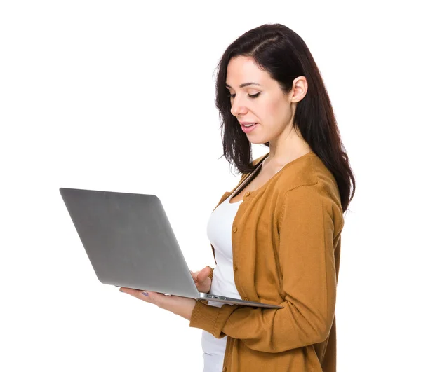 Young brunette woman in brown cardigan — Stock Photo, Image