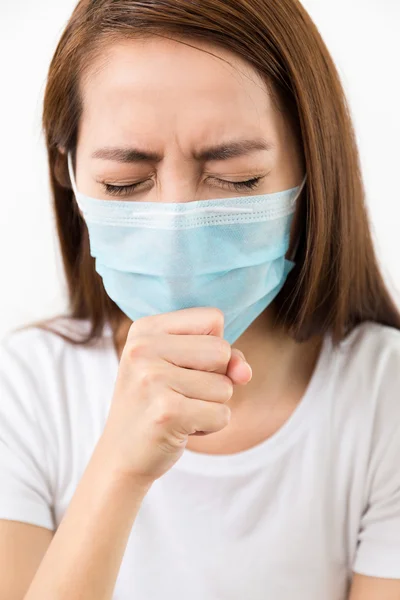 Donna tosse con maschera protettiva — Foto Stock