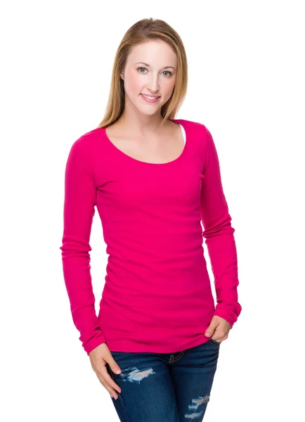 Caucasian woman in pink sweater — Stock Photo, Image
