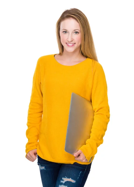 Woman holding laptop computer — Stock Photo, Image