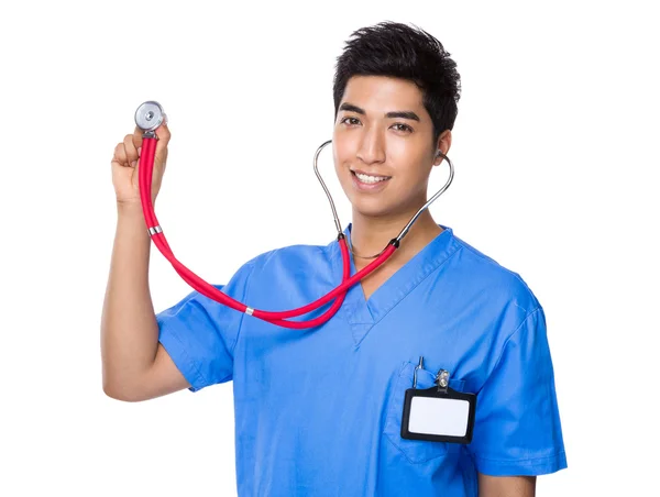 Asiático bonito médico em azul uniforme — Fotografia de Stock