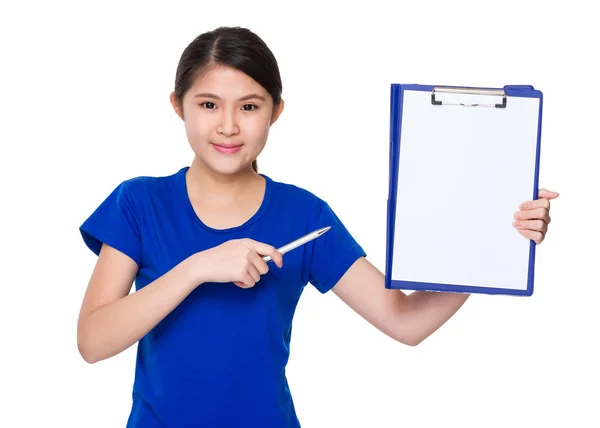 Woman pointing  to clipboard — Stock Photo, Image