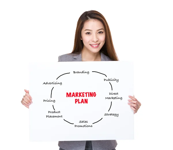 Young asian businesswoman with white placard — Stock Photo, Image