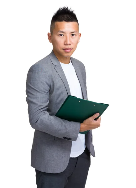 Aziatische knappe zakenman in grijze jas — Stockfoto