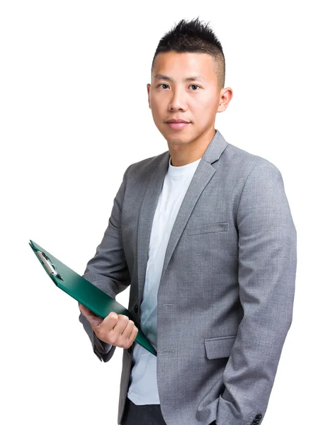Aziatische knappe zakenman in grijze jas — Stockfoto