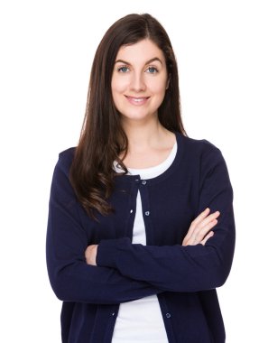 Mavi hırka genç beyaz kadın