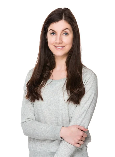 Caucasian young woman in grey sweater — Stock Photo, Image