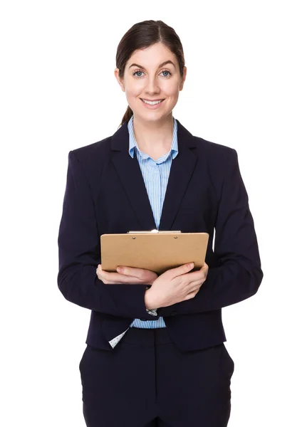 Caucasian young businesswoman in business suit — Stock Photo, Image