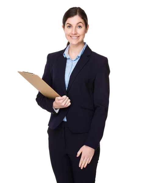 Caucasian young businesswoman in business suit — Stock Photo, Image