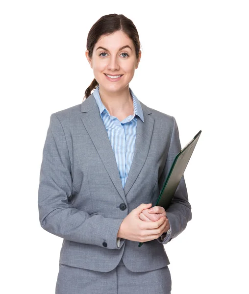 Caucasian young businesswoman in business suit — Stock Photo, Image