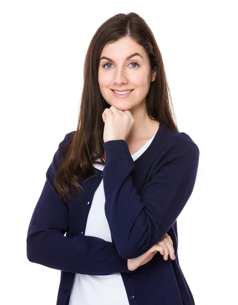 Jonge Kaukasische vrouw in blauwe vest — Stockfoto