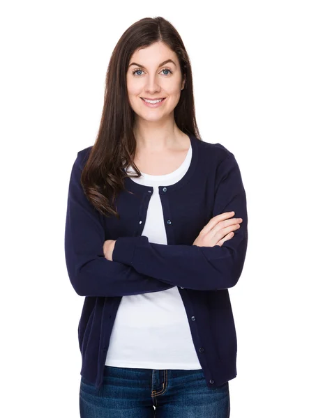 Mujer joven caucásica en cárdigan azul — Foto de Stock