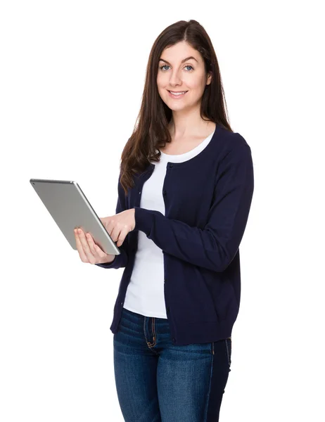 Caucasian young woman in blue cardigan — Stock Photo, Image