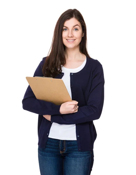 Young caucasian woman in blue cardigan — Stock Photo, Image