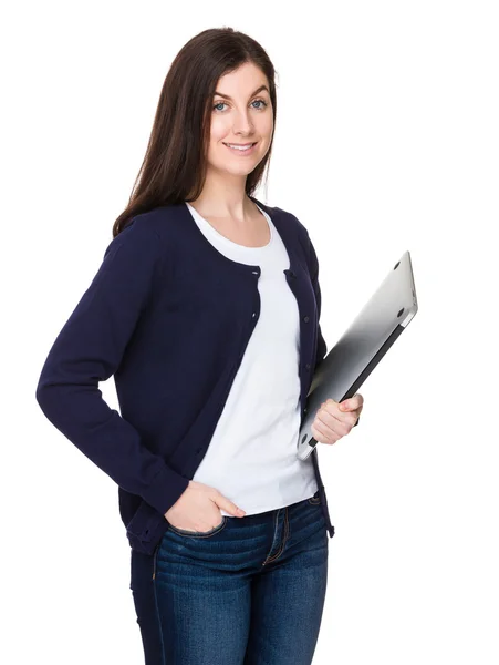 Caucasian young woman in blue cardigan — Stock Photo, Image