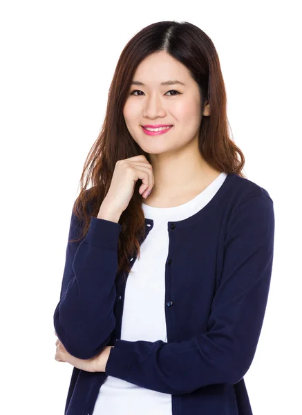 Asian young woman in blue cardigan — Stock Photo, Image