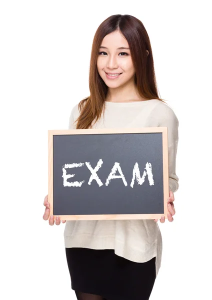 Asian woman in beige sweater with chalkboard — Stock Photo, Image