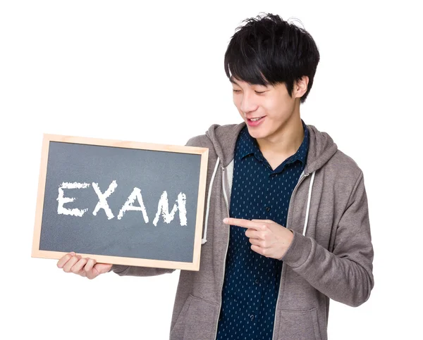 Asian man with finger point to chalkboard — Stock Photo, Image