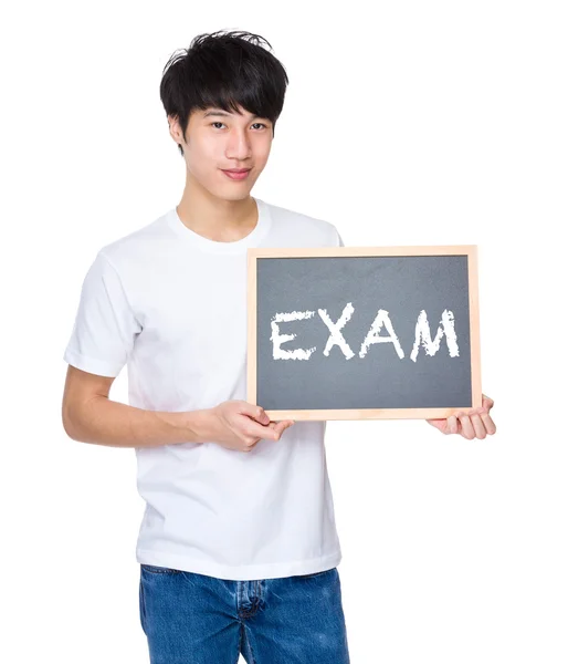 Asian man in white t-shirt with chalkboard — Stock Photo, Image